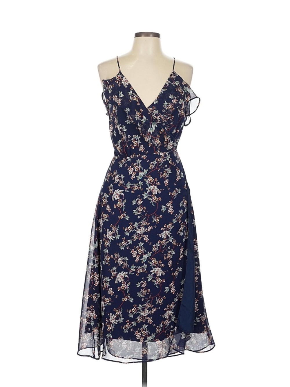Navy Floral Chiffon Cold Shoulder Open Back Midi Dress